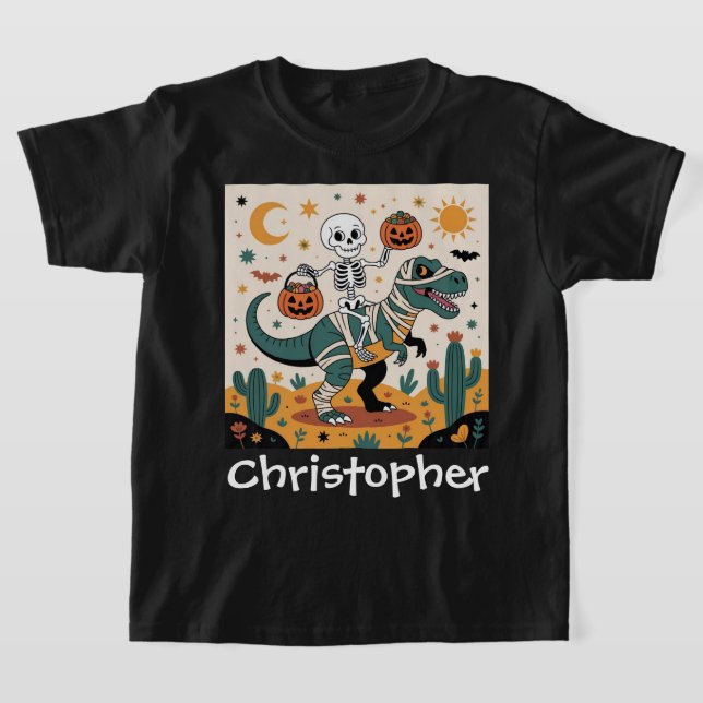 Camiseta Spooky Dino Rider - Esqueleto na mamãe T-Rex (Postura )