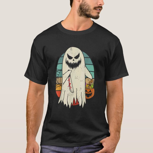 Camiseta Spooky Ghost Retro Halloween Homens Mulheres (Frente)