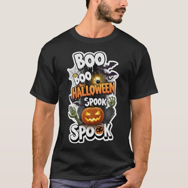 Camiseta Spooky Halloween design with pumpkins bats spider  (Frente)