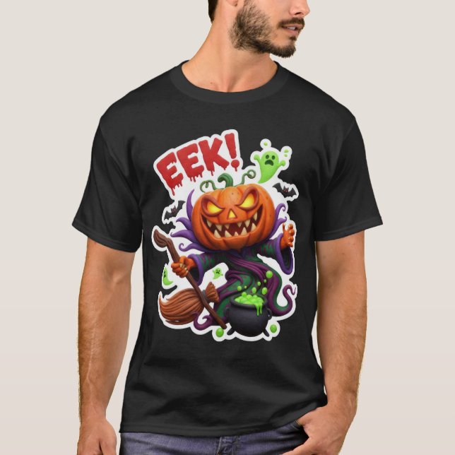 Camiseta Spooky Halloween jackolantern witch with broom cau (Frente)
