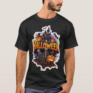 Camiseta Spooky Halloween scene with zombies castle and pum