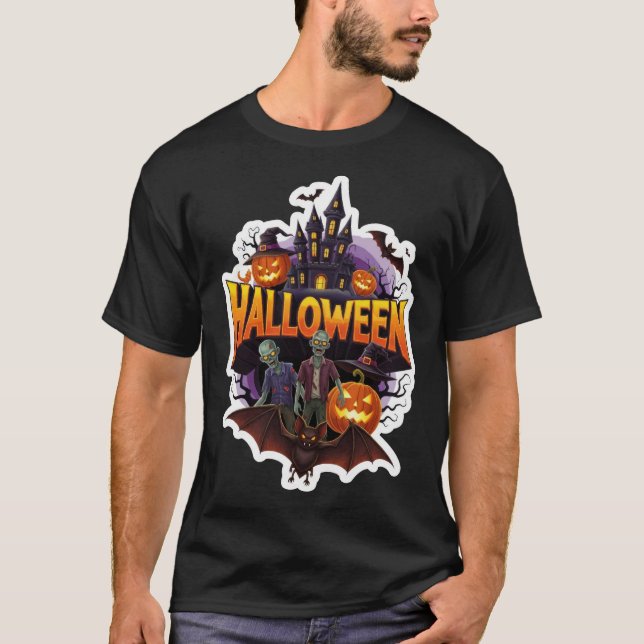 Camiseta Spooky Halloween scene with zombies castle and pum (Frente)