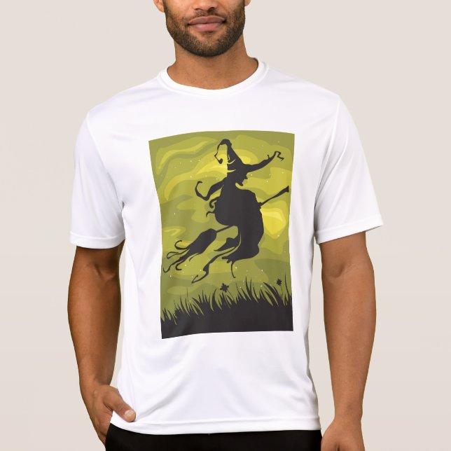 Camiseta Spooky Halloween Witch Flying on Broomstick (Frente)