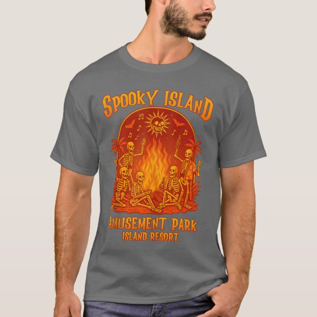 Camiseta Spooky Island Amusement Park Skeleton Beach Party  (Frente)