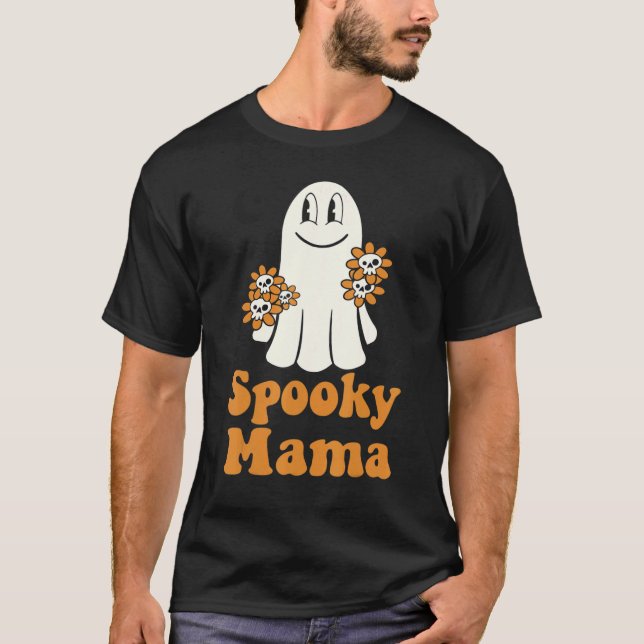 Camiseta Spooky Mama Groovy Halloween Fantasma Floral Spook (Frente)