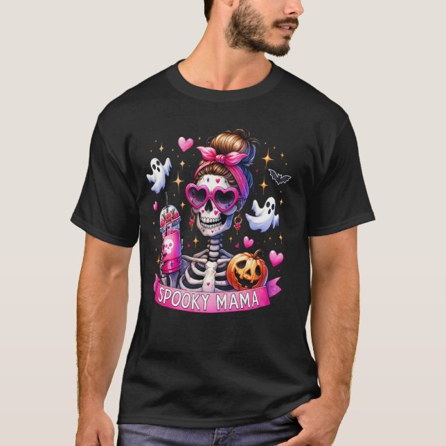 Camiseta Spooky Mama Skeleton Mãe Café Jack O Lantern Hal (Frente)