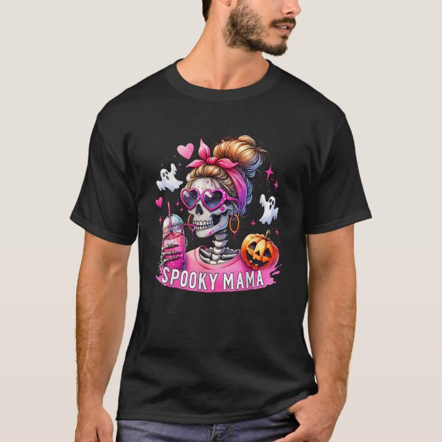 Camiseta Spooky Mama Skeleton Mãe Café Jack O Lantern Hal (Frente)