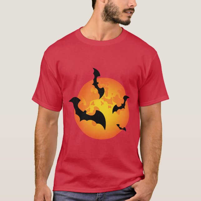 Camiseta Spooky Orange Halloween Full Moon Bats (Frente)