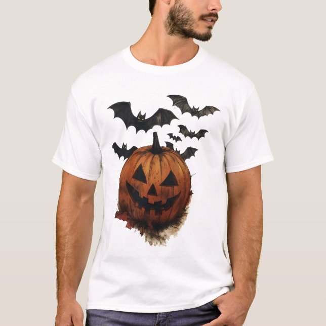 Camiseta Spooky Pumpkin & Bats Halloween Art (Frente)