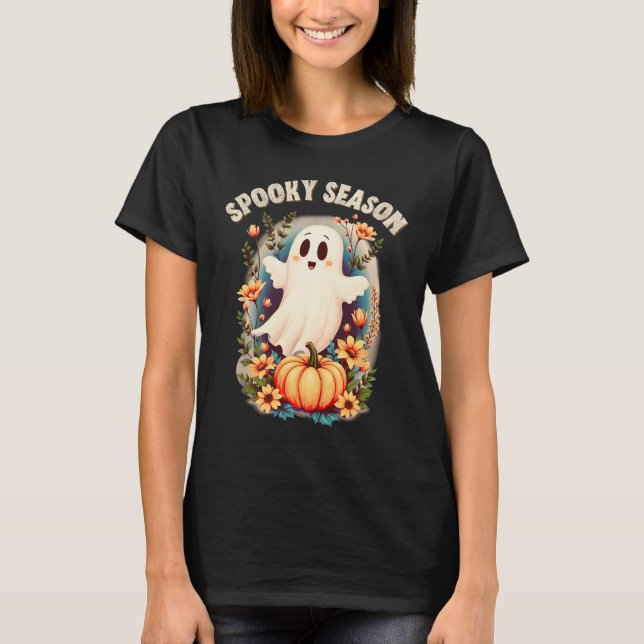 Camiseta Spooky Season Cute Ghost Floral Retro (Frente)