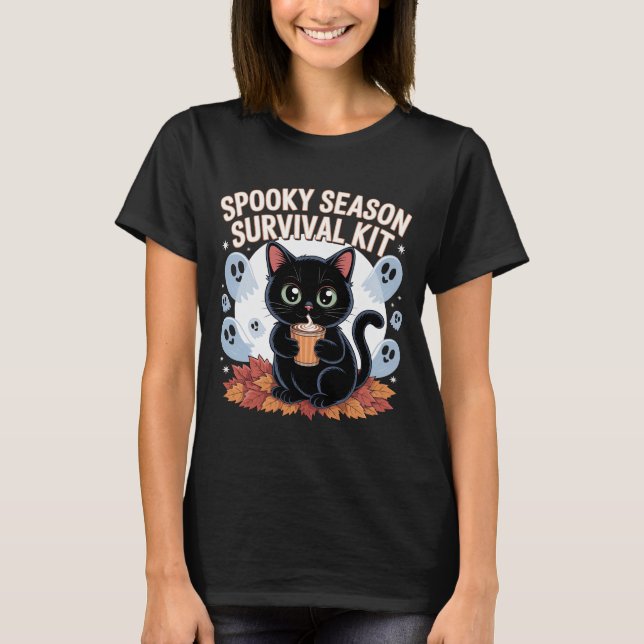Camiseta Spooky Season Survival Kit Cute Black Cat T-Shirt  (Frente)