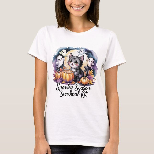 Camiseta Spooky Season Survival Kit Cute Cat Ghost T-Shirt  (Frente)