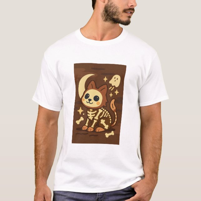 Camiseta Spooky Skeleton Cat and Ghost T-Shirt (Frente)