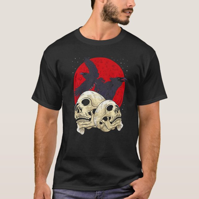 Camiseta Spooky Skull Creepy Skeleton Head Crow Gothic Bird (Frente)