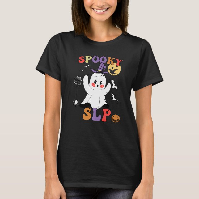 Camiseta Spooky SLP Groovy Halloween Speech Language Pathol (Frente)