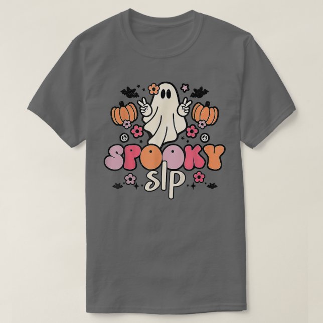 Camiseta Spooky SLP Retro Groovy Halloween Língua de Fala (Frente do Design)