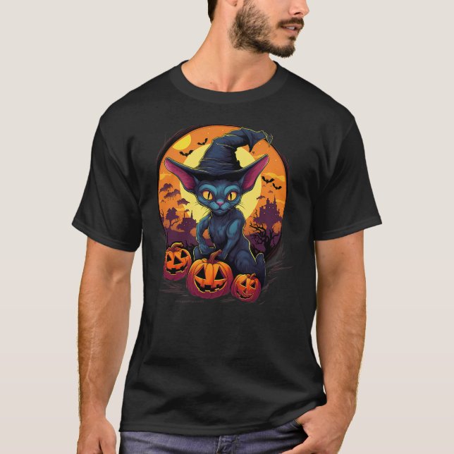 Camiseta Spooky Sphynx Cat Witch Halloween (Frente)