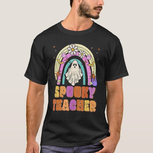Camiseta Spooky Teacher Retro Spooky Floral Ghost Hippie Ha (Frente)