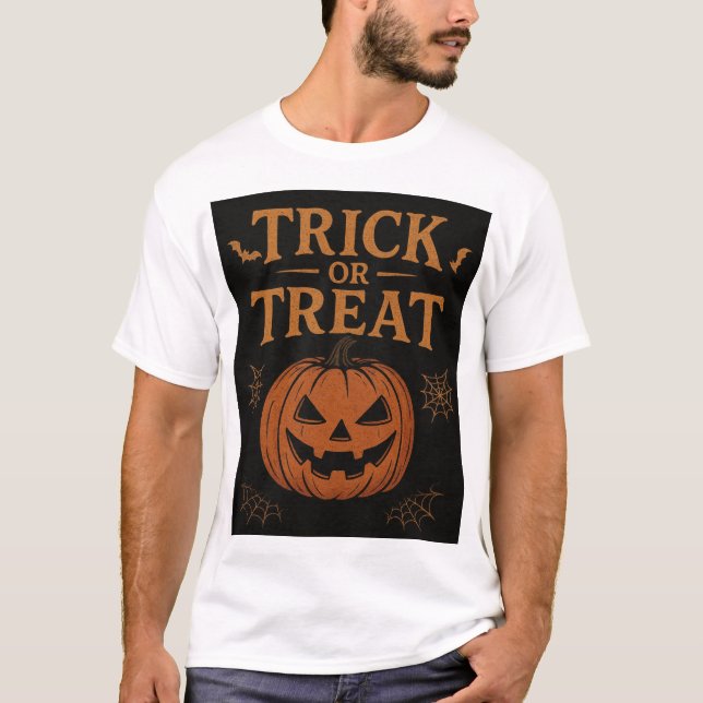 Camiseta Spooky “Trick or Treat” Halloween Pumpkin Design  (Frente)