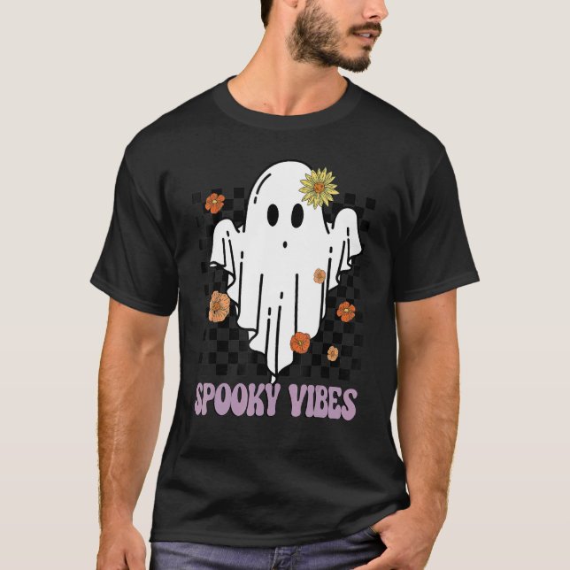 Camiseta Spooky Vibes Groovy Flower Ghost Halloween Spooky (Frente)