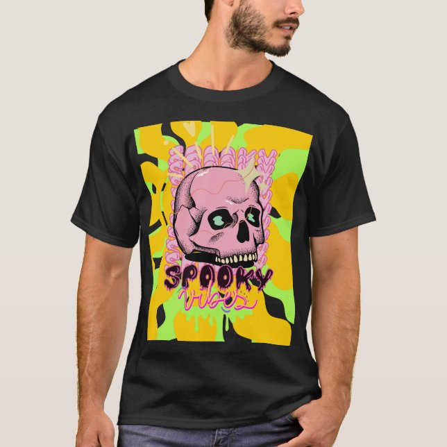 Camiseta Spooky Vibes – Pink Skull Aesthetic Design (Frente)