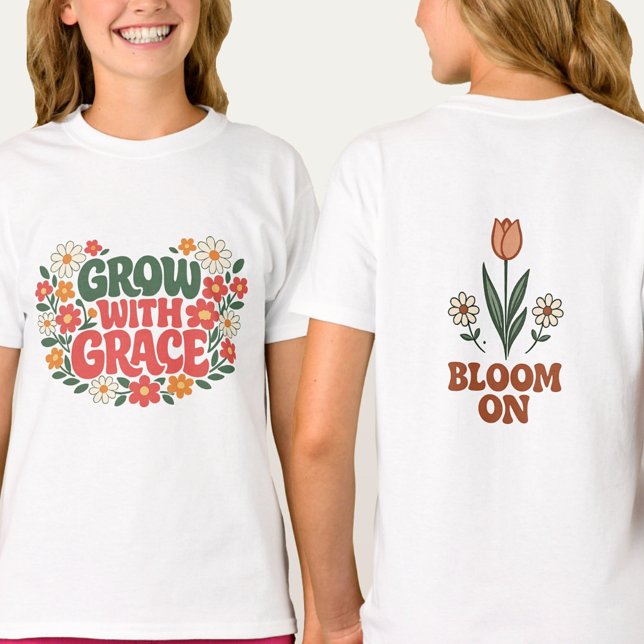 Camiseta Springtime Flowers Grow With Grace Retro (Front & Back Floral Art, Pure Cotton)