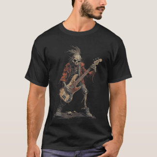 Camiseta Squeleto Punk Rocker Halloween Baixo Guitarra Rock
