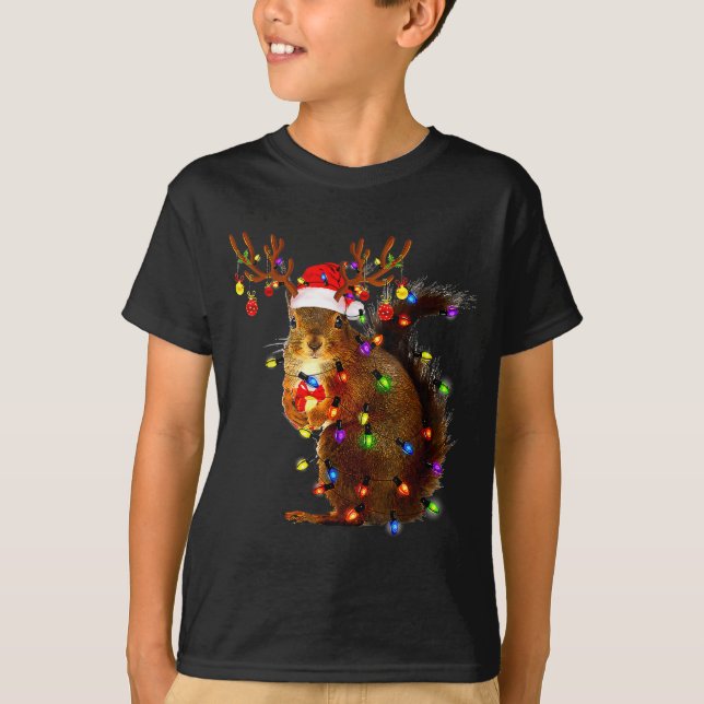 Camiseta Squirrel Christmas Tree Lights Reindeer Santa Hat  (Frente)