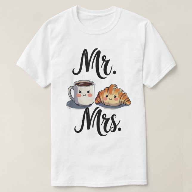 Camiseta Sr. e Sra. Cute Coffee e Croissant Casal Desi (Frente do Design)