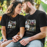 Camiseta Sra. Love Newlyweds Foto de Colagem Negra<br><div class="desc">Uma camiseta especial de colagem de fotos de casamento recém-casadas para mostrar suas próprias fotos e memórias especiais de casamento. Nosso design apresenta um simples design de grade de colagem de 4 fotos com os mundos "Amor" cada letra da palavra amor é exibida sobre a foto. Personalize com seus primeiros...</div>