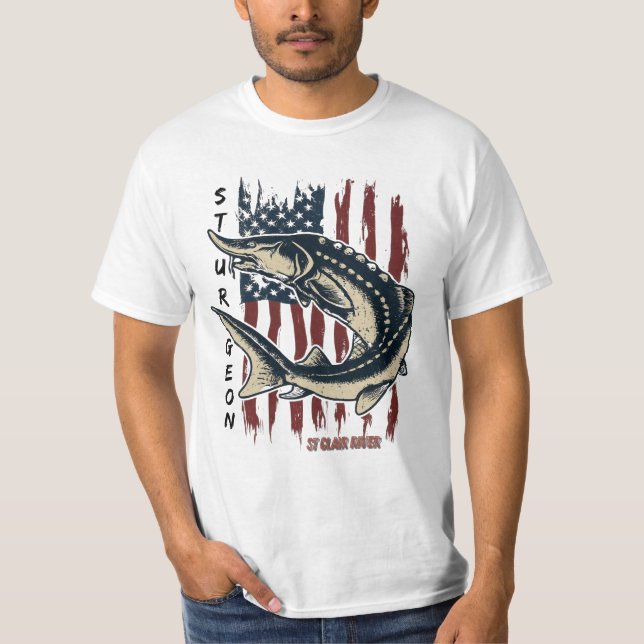 Camiseta St Clair River Sturgeon Fish with Flag Shirt (Frente)