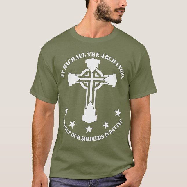 Camiseta St Michael o arcanjo - estêncil branco (Frente)