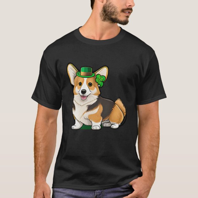 Camiseta St Patrick's Day Corgi Dog Irish Shamrock Leprecha (Frente)