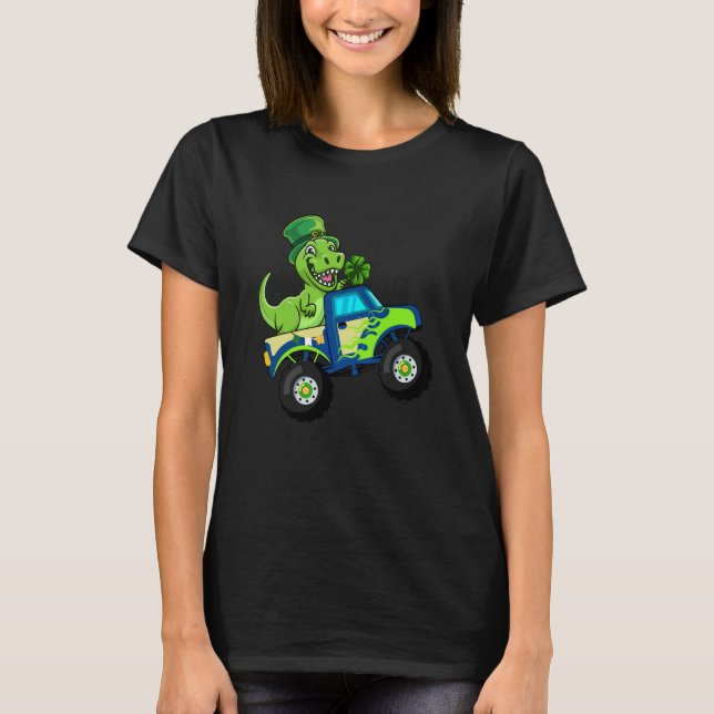 Camiseta St Patricks Day Cute Dinosaur Monster Truck (Frente)