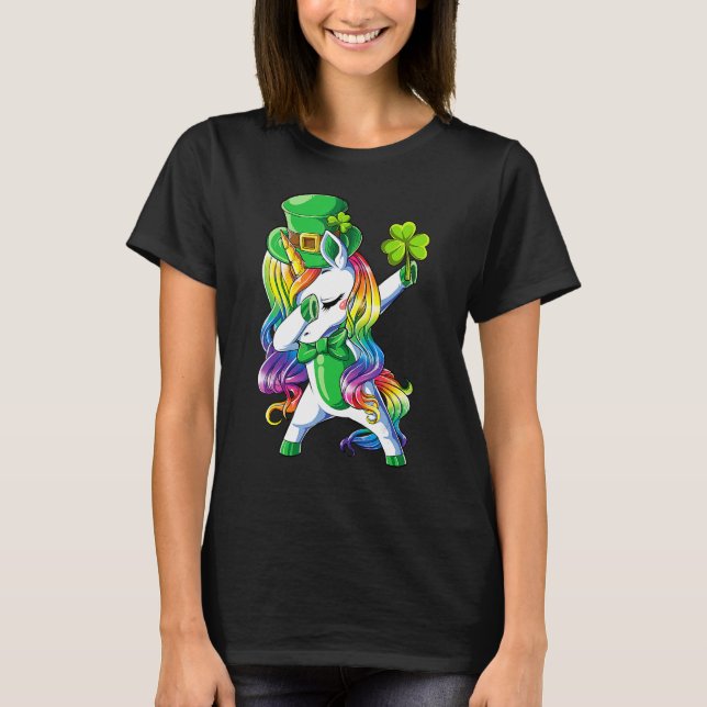 Camiseta St Patricks Day Girls Dabbing Unicorn Leprechaun L (Frente)