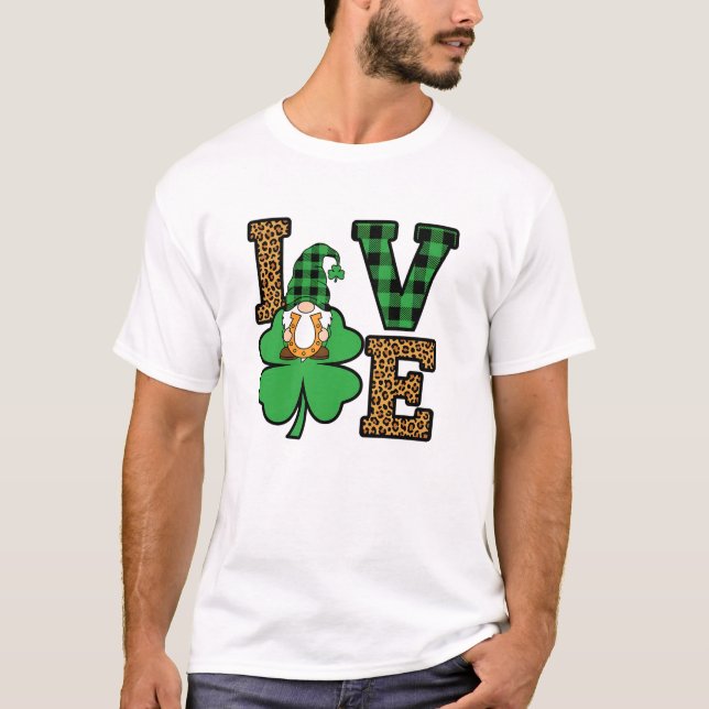 Camiseta St Patrick's Day Gnome Love Leopard Plaid Art (Frente)
