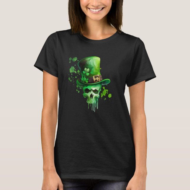 Camiseta St Patricks Day Irish Leprechaun Shamrock Skull C (Frente)