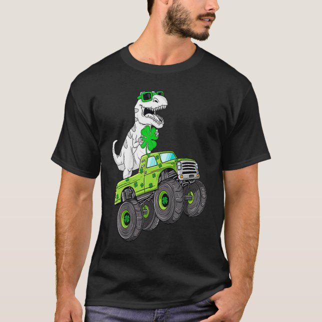 Camiseta St Patricks Day T Rex Riding Monster Truck Dino To (Frente)