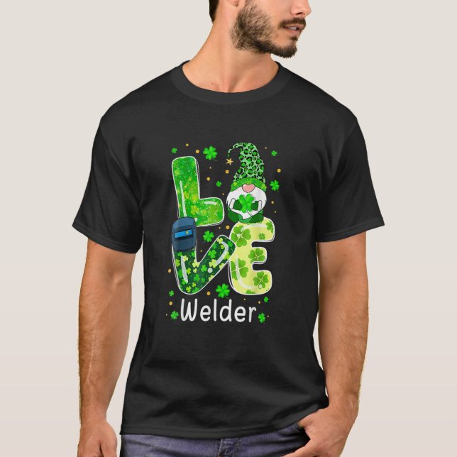 Camiseta St Patricks Lucky Funny Welder Gnome Leopard Green (Frente)