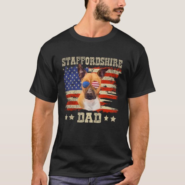 Camiseta Staffordshire Pai Merica American Flag Dog Men Jul (Frente)