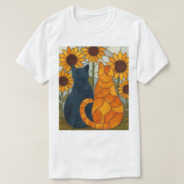Camiseta Stained Glass Cats and Sunflowers Art Design (Frente do Design)