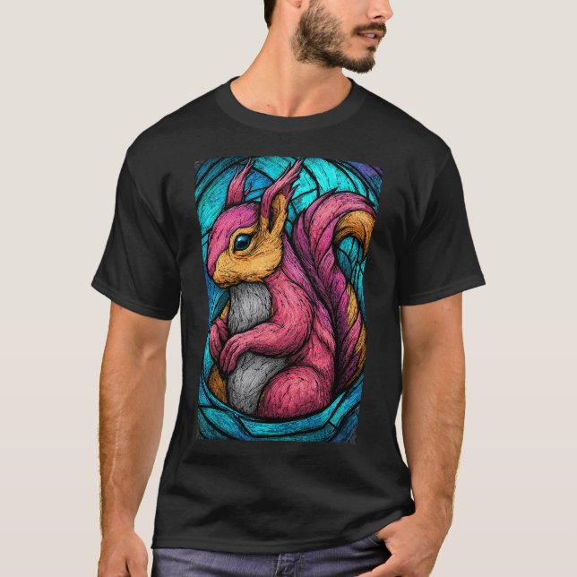Camiseta Stained-Glass Squirrel – Teal & Magenta Woodland A (Frente)
