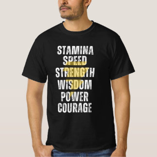 CAMISETA STAMINA, VELOCIDADE, FORÇA, SABEDORIA, PODER, CORA