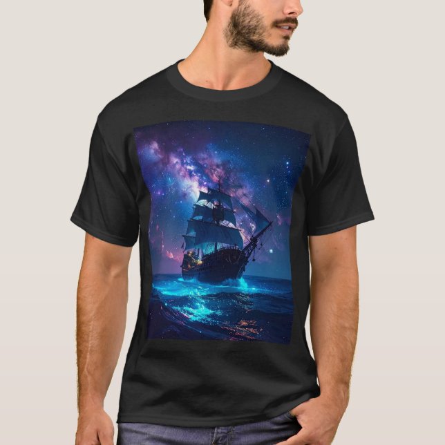 Camiseta Starlit Voyage – Sailing Through a Cosmic Sea (Frente)