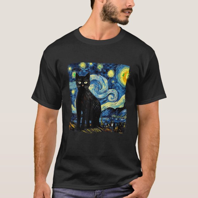 Camiseta StarNight Cat Van Gogh Cat Lover Cat Cat Cat Mãe C (Frente)