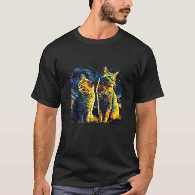 Camiseta StarNight Cat Van Gogh Gogh Cat Casais Engraçados  (Frente)