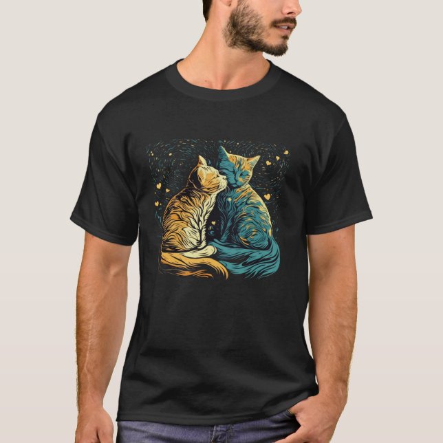 Camiseta StarNight Cat Van Gogh Gogh Cat Casais Engraçados  (Frente)