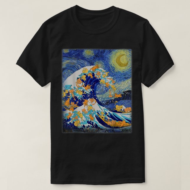 Camiseta Starry Night and Great Wave Cat, Cat Lover, Cat Mo (Frente do Design)