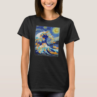 Camiseta Starry Night and Great Wave Cat Cat Lover Cat Mom