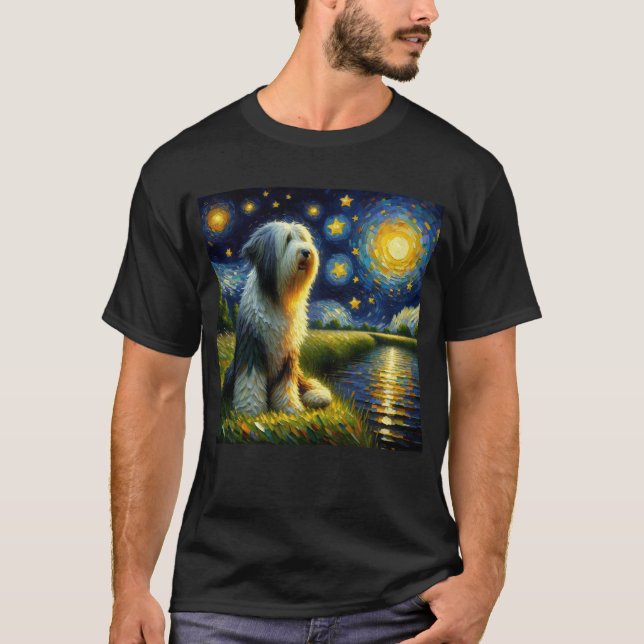 Camiseta Starry Night Beared Collie Dog Van Gogh Lover (Frente)